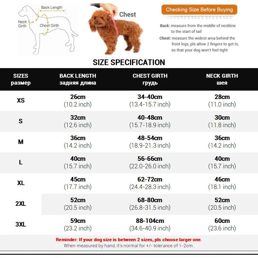 Dog size chart with measurements for back length, chest girth, and neck girth.